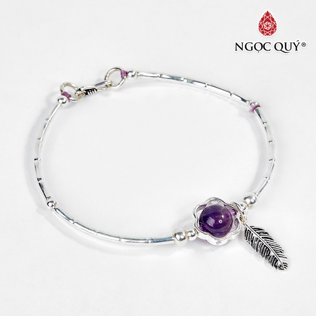 Vòng tay bạc thạch anh tím phối charm lá - ngọc quý