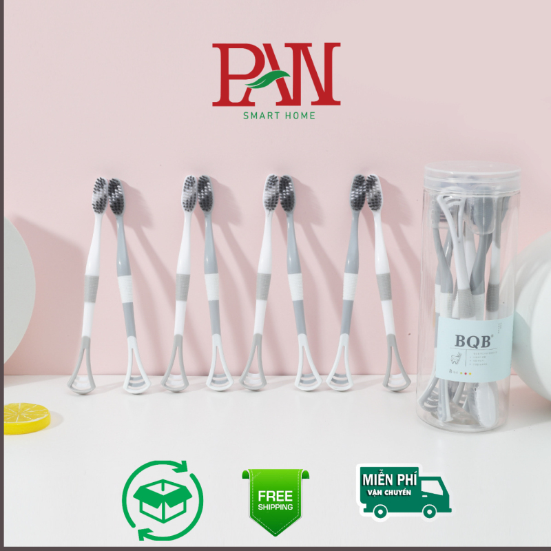 Hộp 8 Bàn Chải Đánh Răng PAN SMART HOME BQB Kèm Cạo Lưỡi Silicon Kháng Khuẩn Nhập Khẩu Hàn Quốc Mẫu Mới Nhất 2021 nhập khẩu