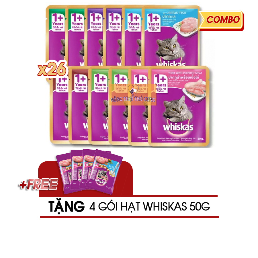 [TẶNG HẠT WHISKAS 200G] Combo 26 Gói Pate Whiskas 80g Mix Vị - [Nông Trại Thú Cưng]