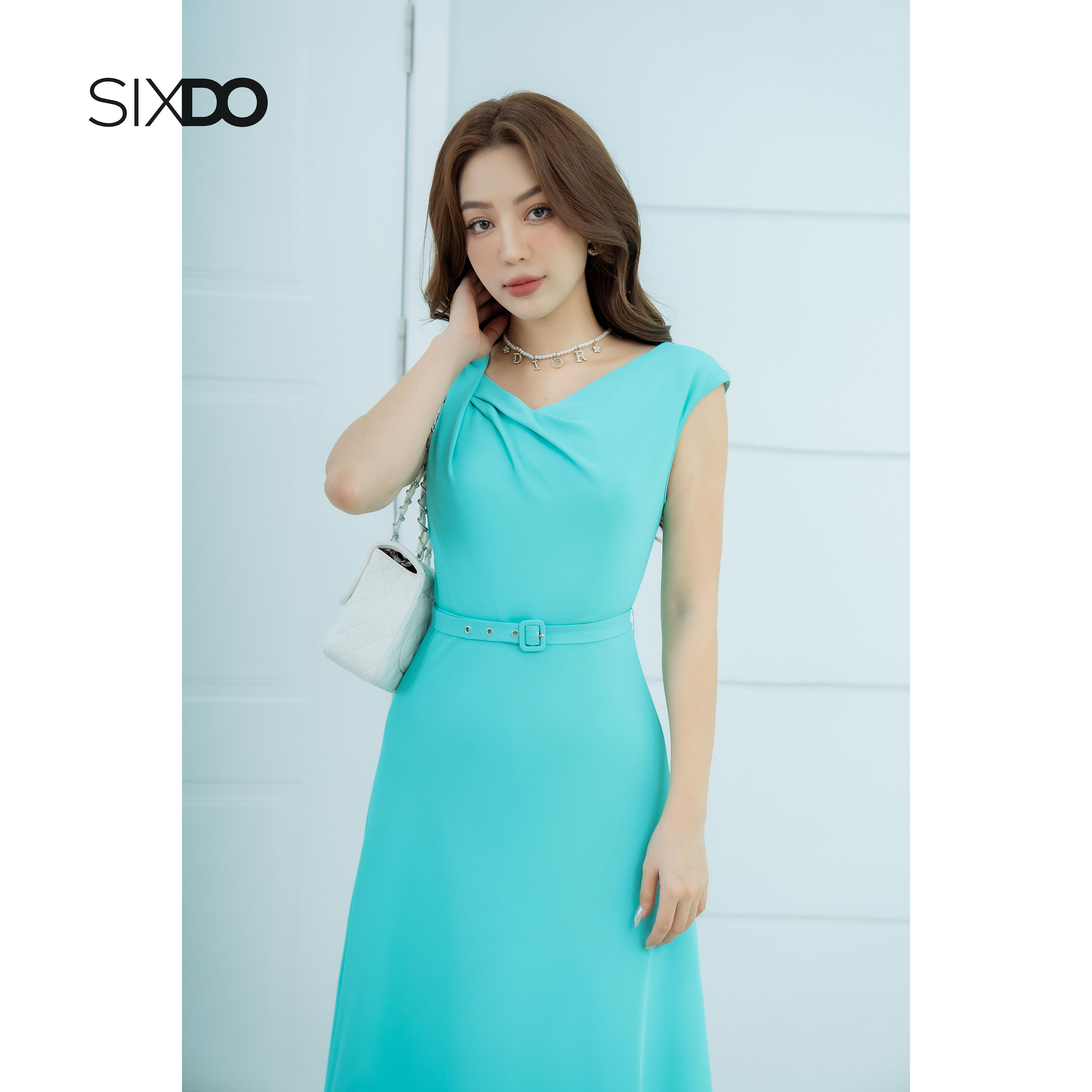Váy lụa midi màu ngọc lam có thắt lưng thời trang SIXDO (Turquoise Midi Silk Dress With Belt)