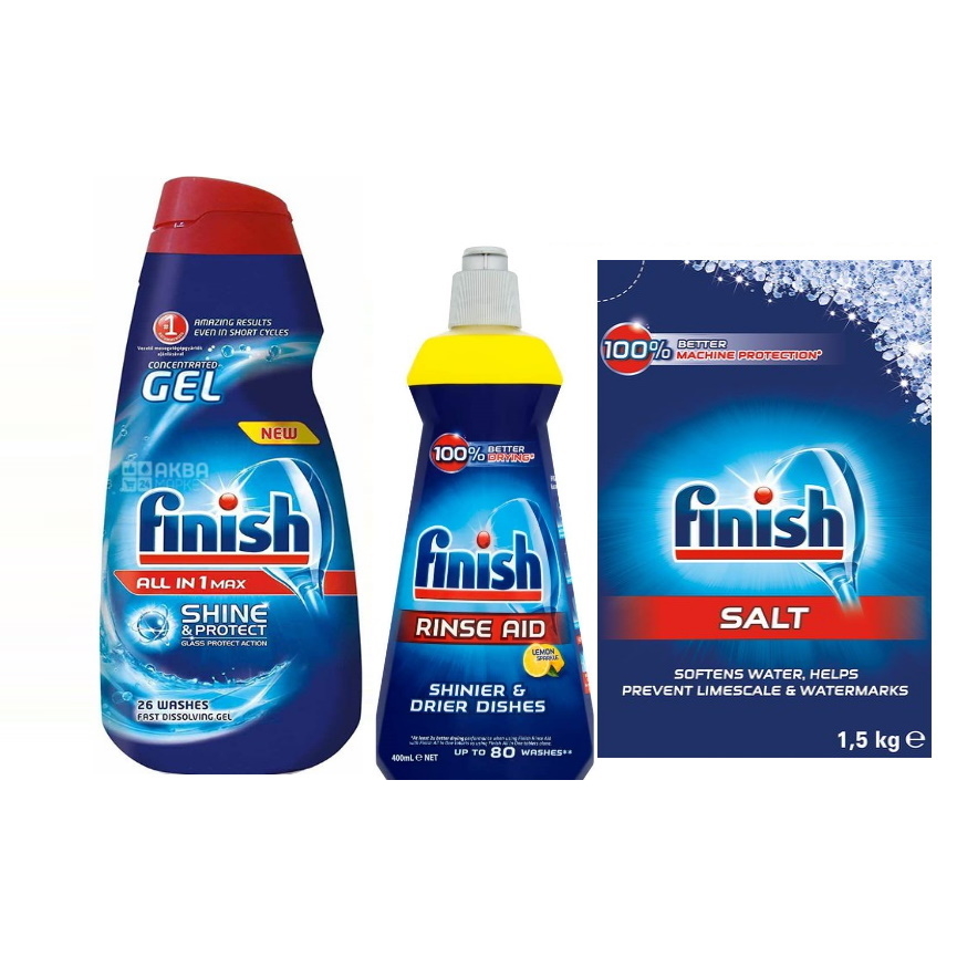 Combo Nước rửa bát Finish Gel 650ml+Muối rửa bát Finish 1.5kg+Nước làm bóng finish 400 ml dùng cho máy rửa bát