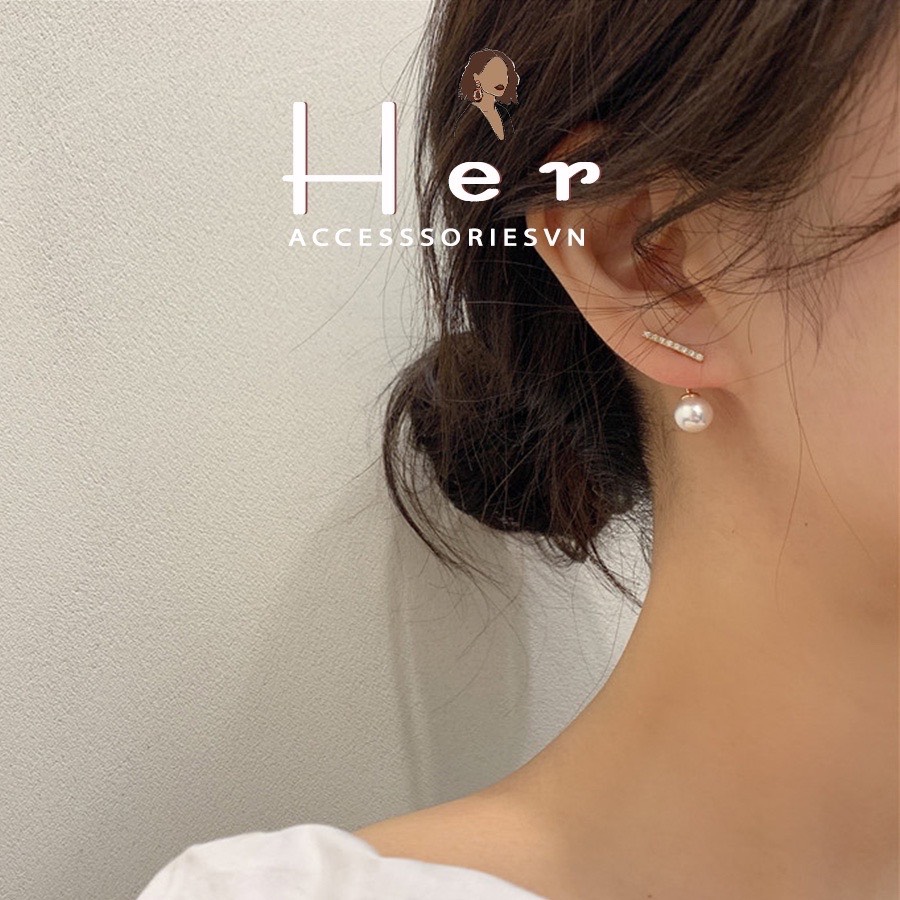[ Quà Tặng Siêu Xinh ] Bông Tai, Khuyên Tai Bạc 925 Thanh Ngang Phối Hạt Trai Thanh Lịch, Her Accessories H73