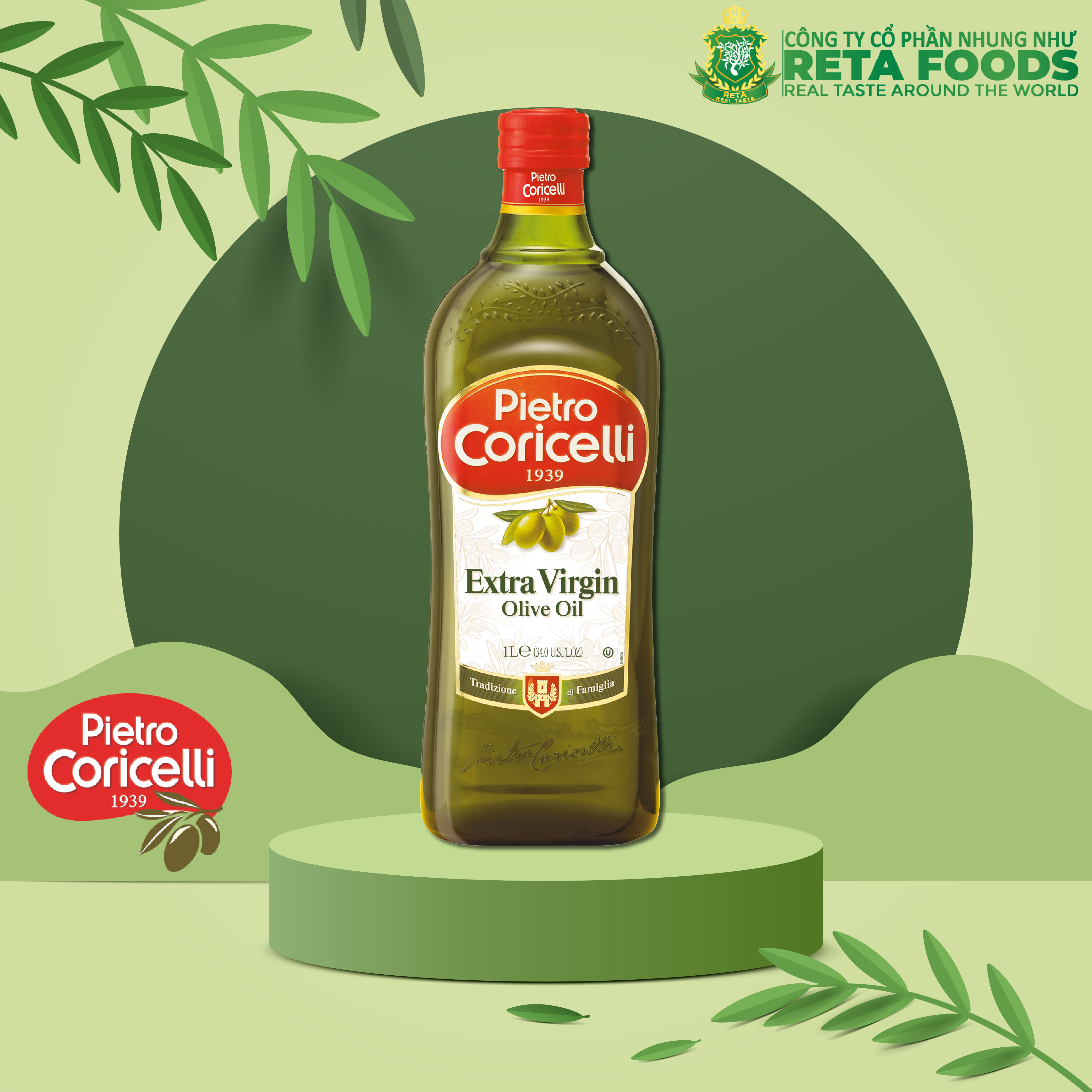 Dầu Olive Extra Virgin Pietro Coricelli 1L – Dầu Ô Liu Ép Lạnh Nguyên Chất – Dùng Salad & Sốt – Nhập Khẩu Ý