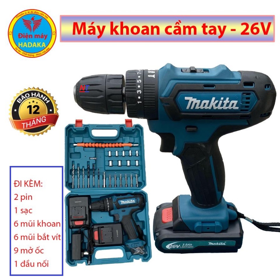 Máy khoan pin có BÚA makita 26v. (kèm 2pin và nhiều phụ kiện)