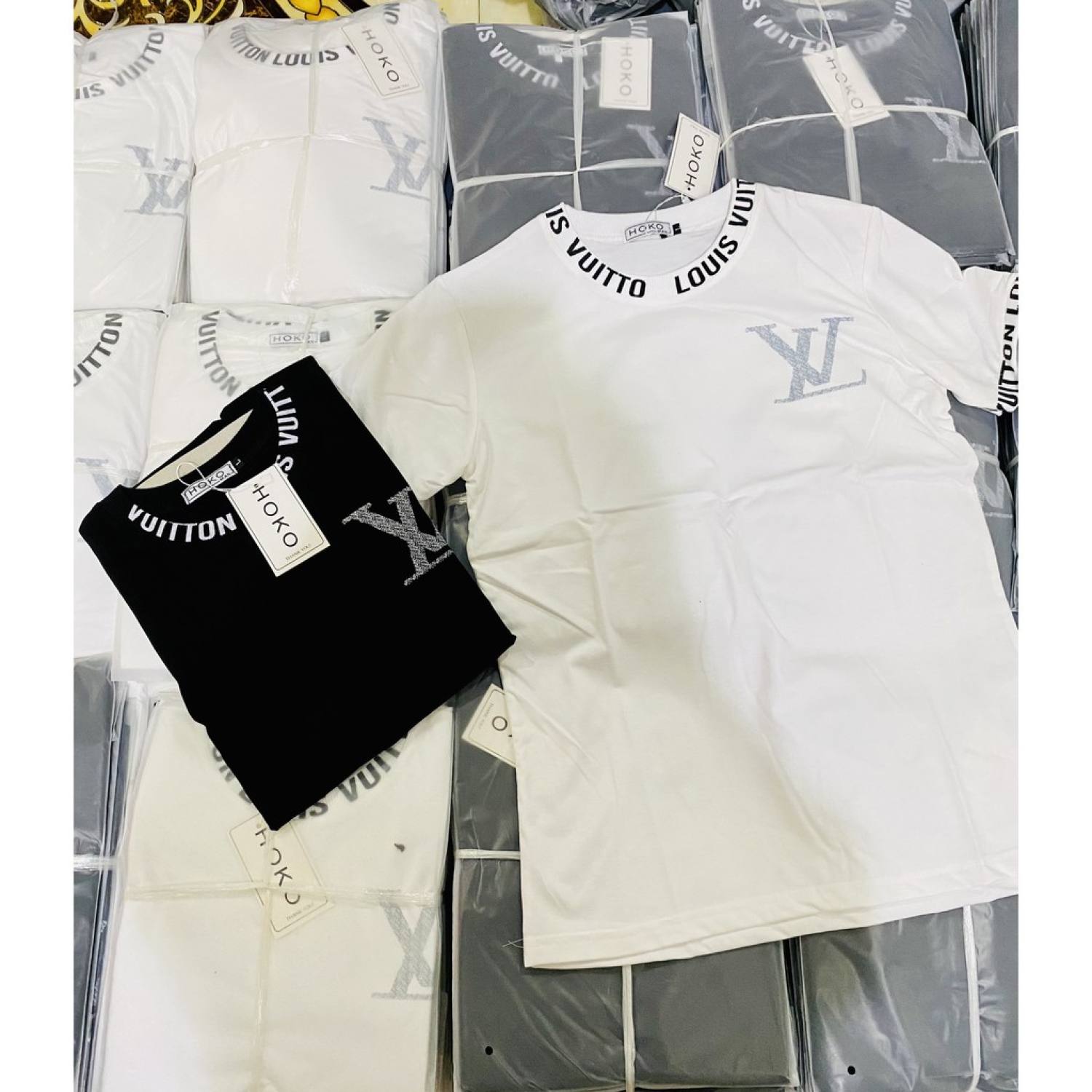 Áo thun nam nữ cổ tròn tay ngắn phối dây cổ in logo LV áo chất cotton thoáng mát thời trang hè hot trend