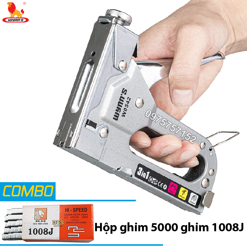 Combo súng bắn ghim công nghiệp, Kìm bắn đinh ghim đa năng cầm tay 3 trong 1  WYNN'S có tăng lực, bấm cả 3 kiểu ghim П U T kèm hộp 5000 ghim 1008J, súng bắn đinh ghim, kìm bấm đinh ghim, kìm bấm ghim gỗ, ghim tranh, ghim bạt