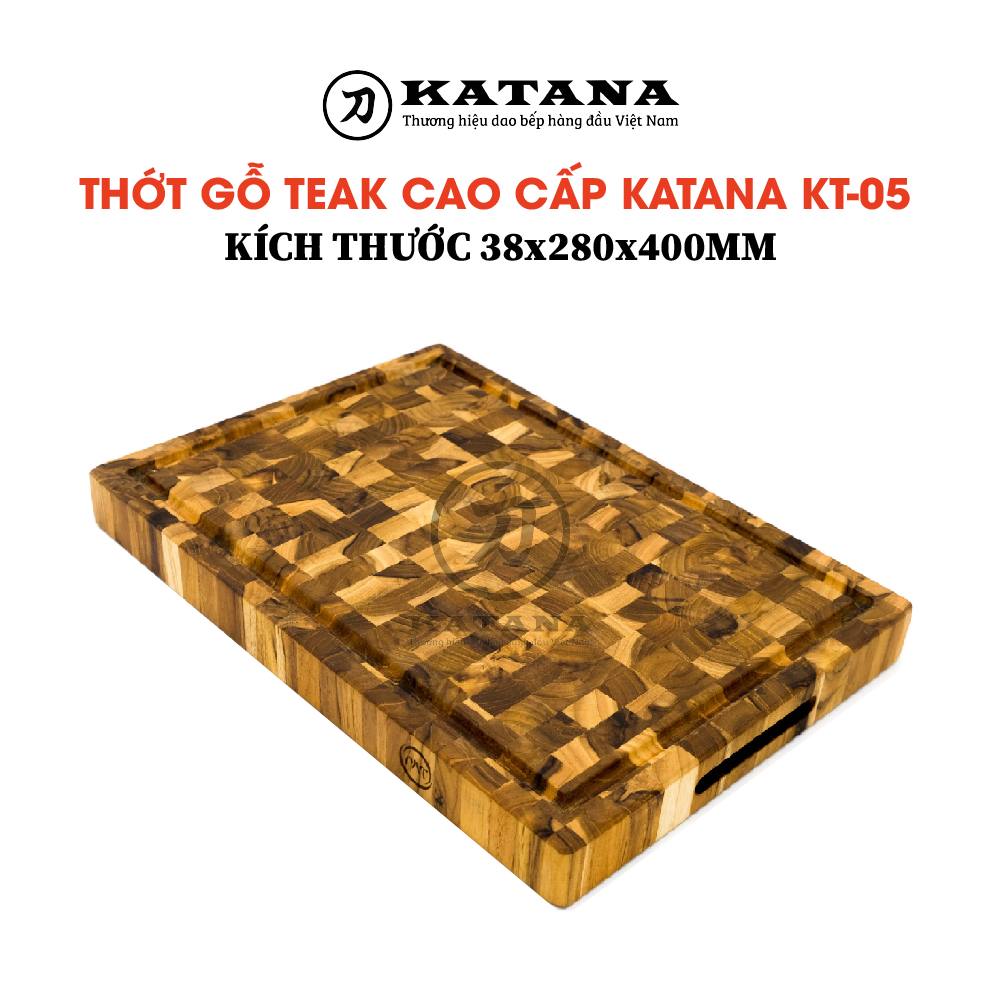 Thớt gỗ băm chặt KATANA - thớt gỗ teak cao cấp chữ nhật - thớt gỗ teak ghép đầu cây đạt vệ sinh an toàn thực phẩm - KT05 38x280x400mm