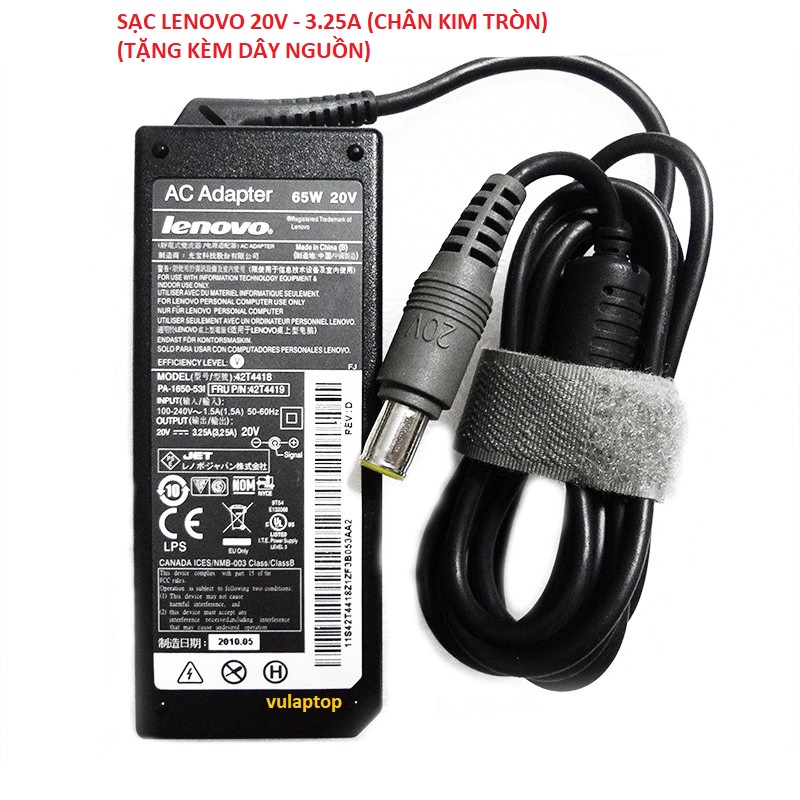Sac laptop lenovo 20v - 3.25a, 65w đầu kim to