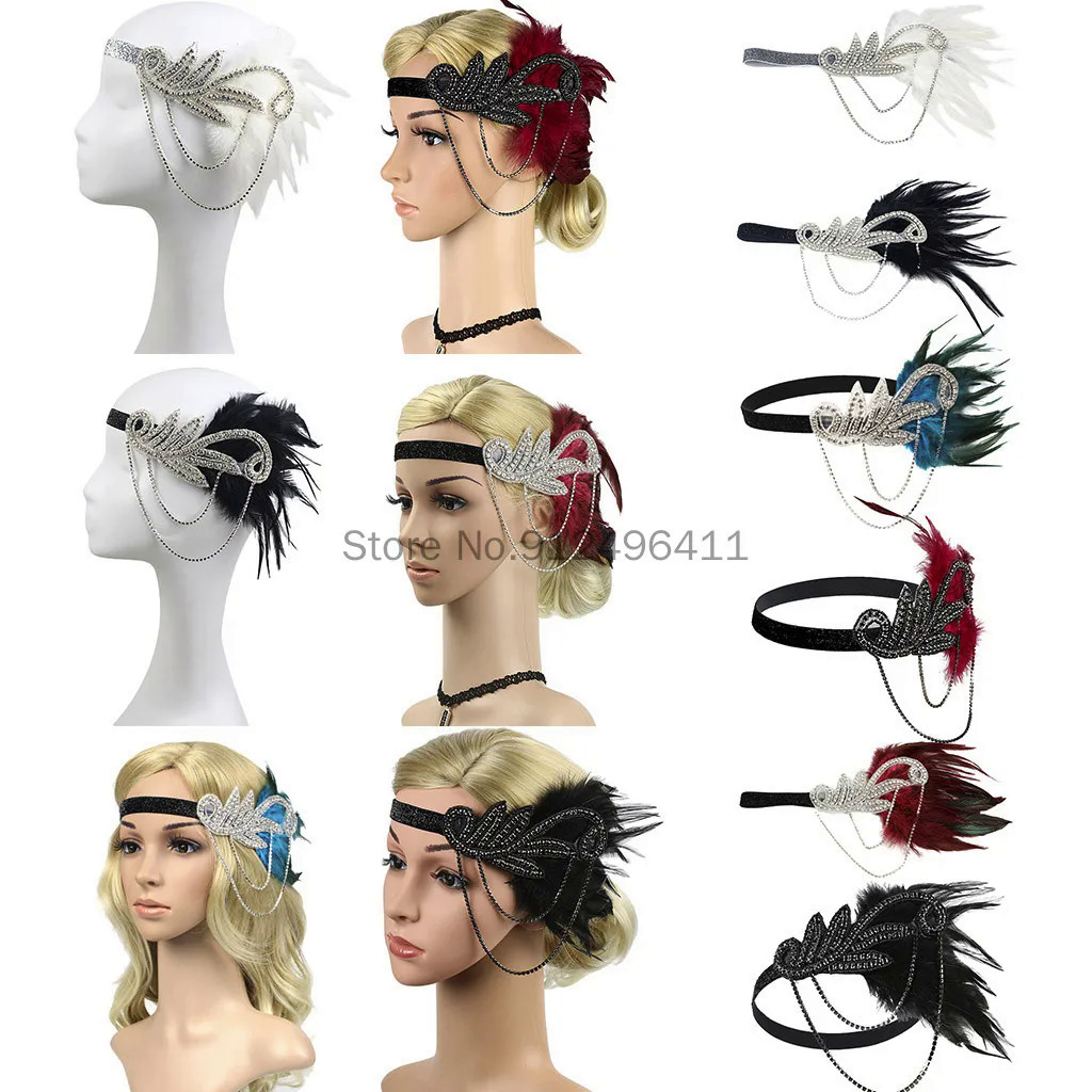 1920S ที่คาดผมขนนกสีดำสำหรับเจ้าสาว Great Gatsby 20S เครื่องประดับคอสเพลย์