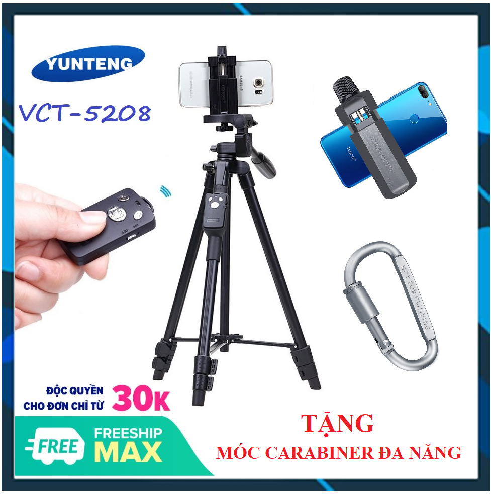 ⚡⚡ [HOT SALE] TRIPOD - Chân đế Bluetooth cho điện thoại máy ảnh Yunteng VCT5208RM - TẶNG KÈM 1 REMOTE + 1 GIÁ KẸP ĐIỆN THOẠI YUNTENG + MÓC NHÔM CARABINER FUNO