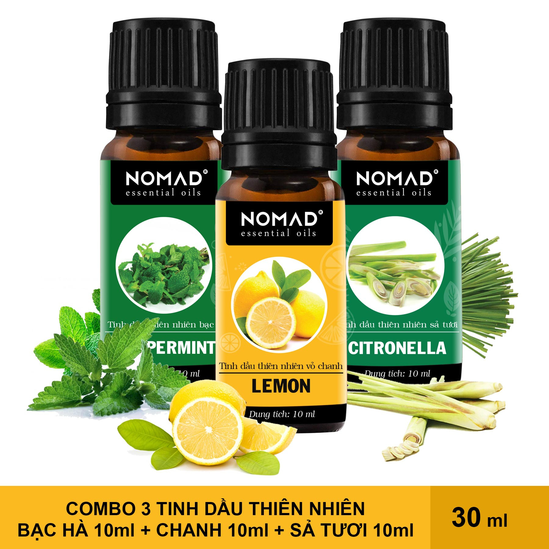 Combo 3 tinh dầu nguyên chất nomad: tinh dầu bạc hà + tinh dầu chanh + tinh dầu sả tươi