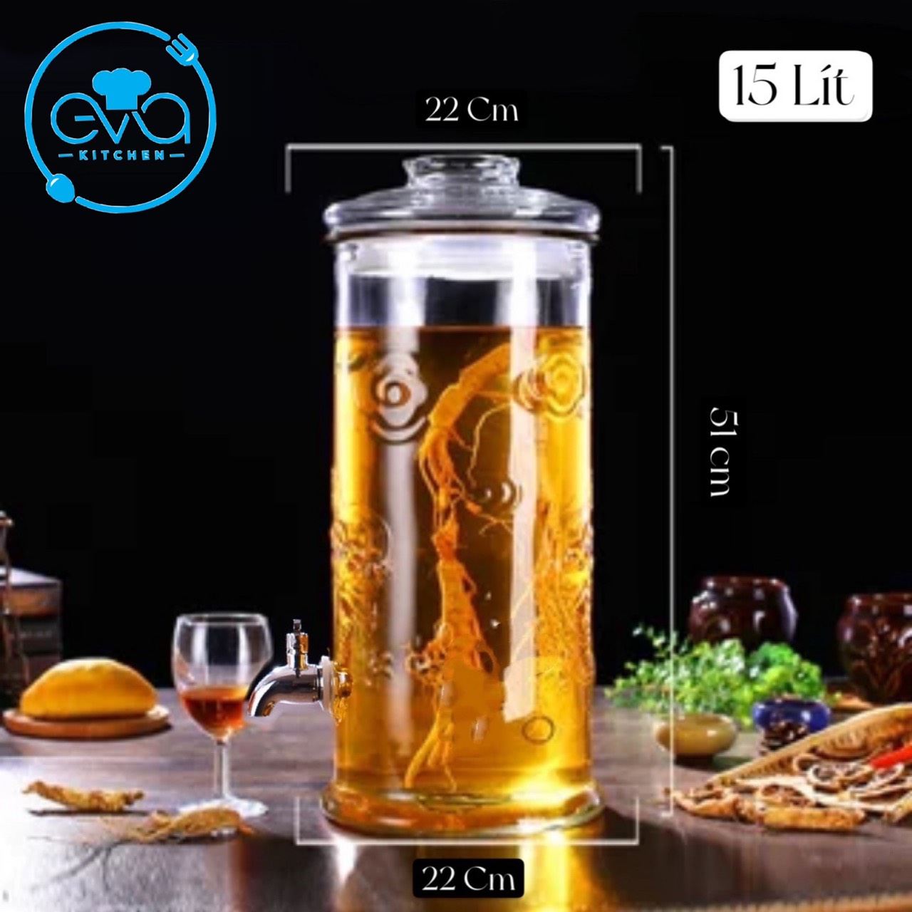 Bình ngâm thuỷ tinh 15 lít dáng trụ hoa văn rồng - tr15l m1095