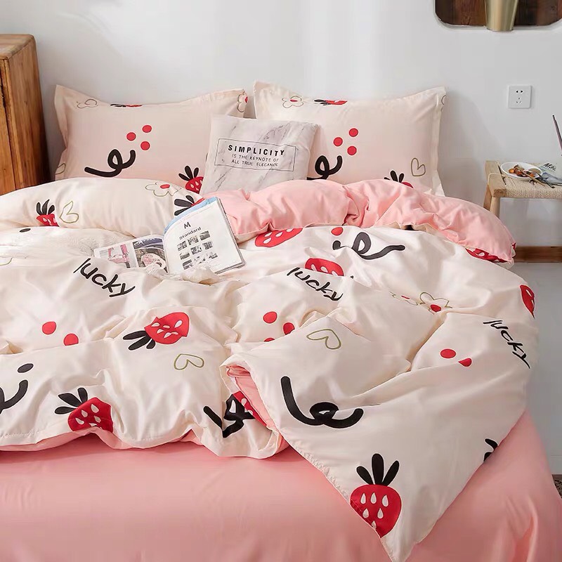 BỘ CHĂN GA GỐI HÌNH DÂU LUCKY