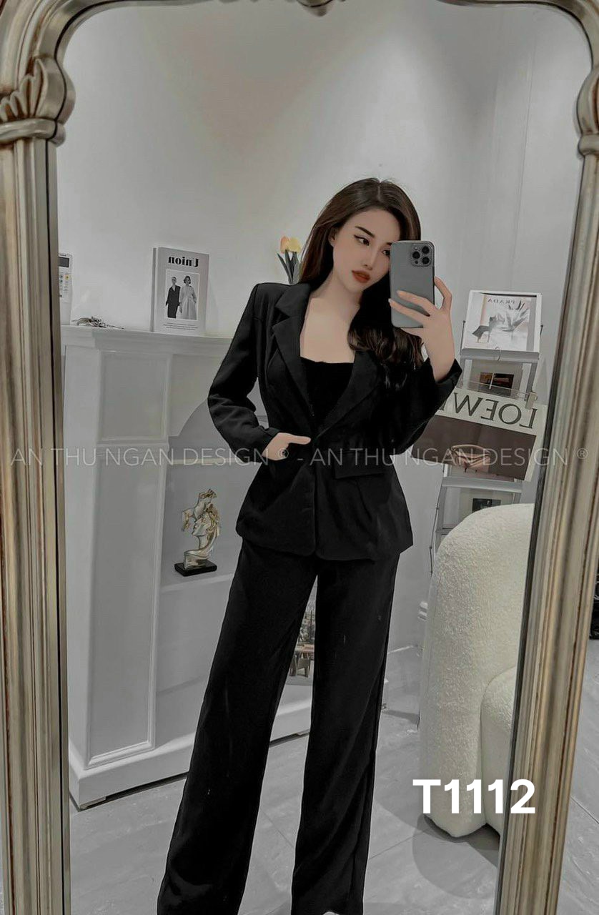 Set vest trơn 3 món áo trong ôm kèm vest ngoài tay dài quần ống đứng vải mango T1112