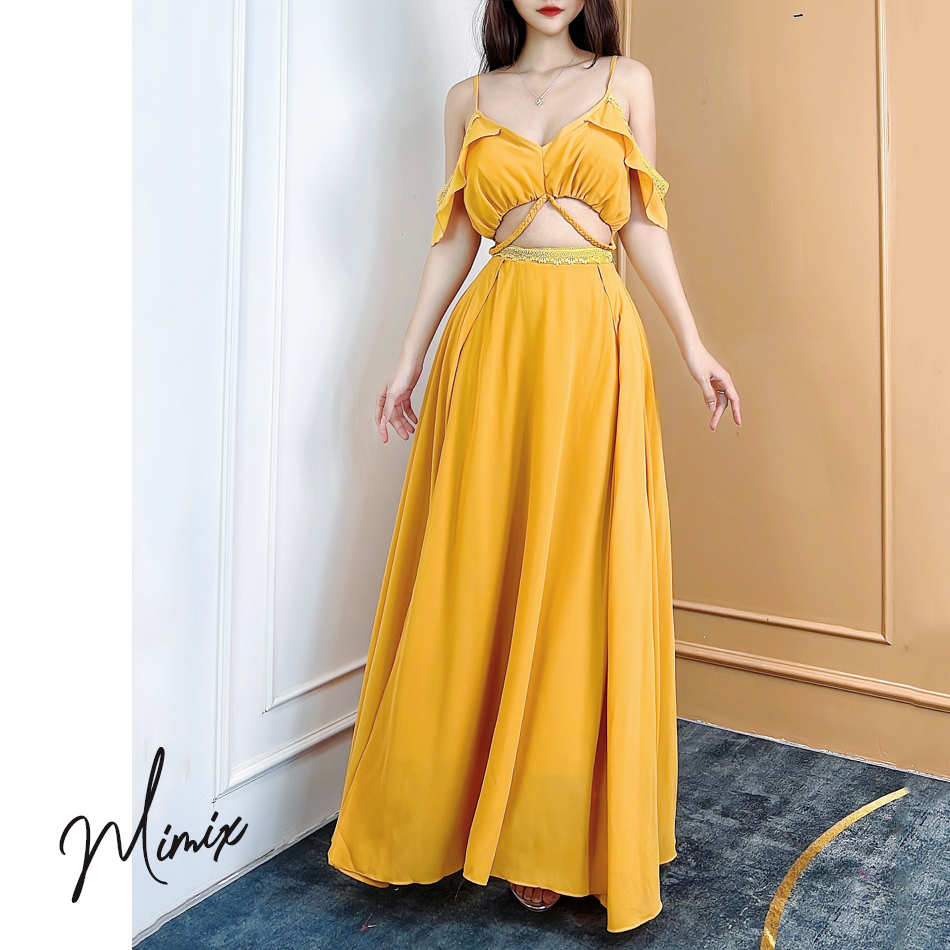 Đầm maxi nữ trơn rớt vai phối ren MIMIX CO8260