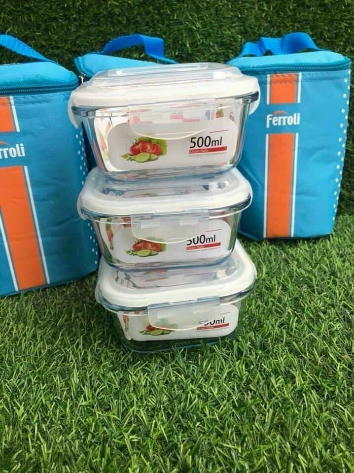 BỘ 3 THỐ THUỶ TINH FERROLI 500ML [TẶNG KÈM TÚI GIỮ NHIỆT]