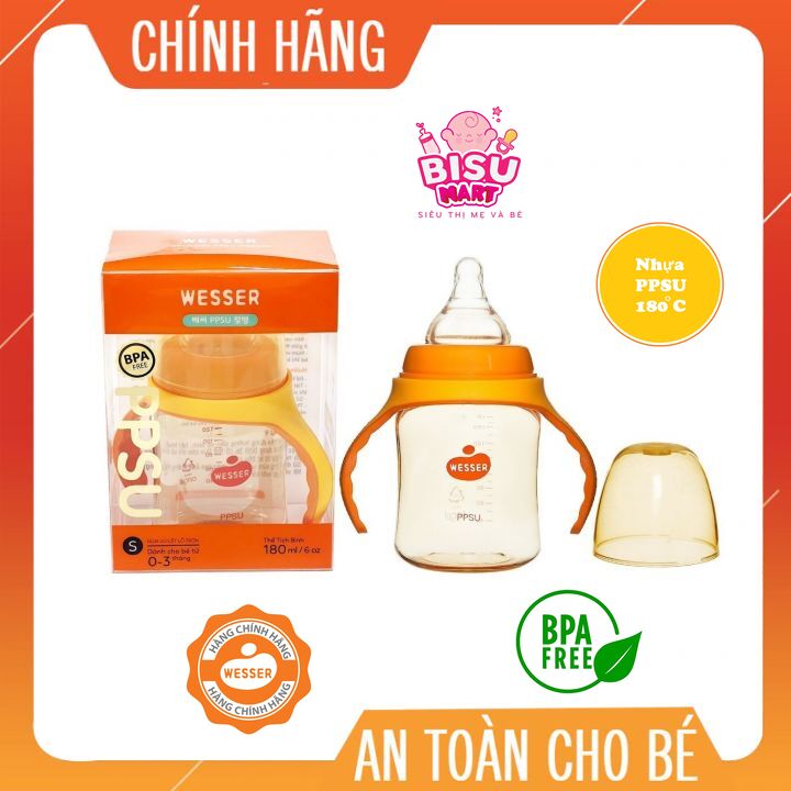 Bình sữa Wesser PPSU, Bình sữa cổ rộng có tay cầm 180ml