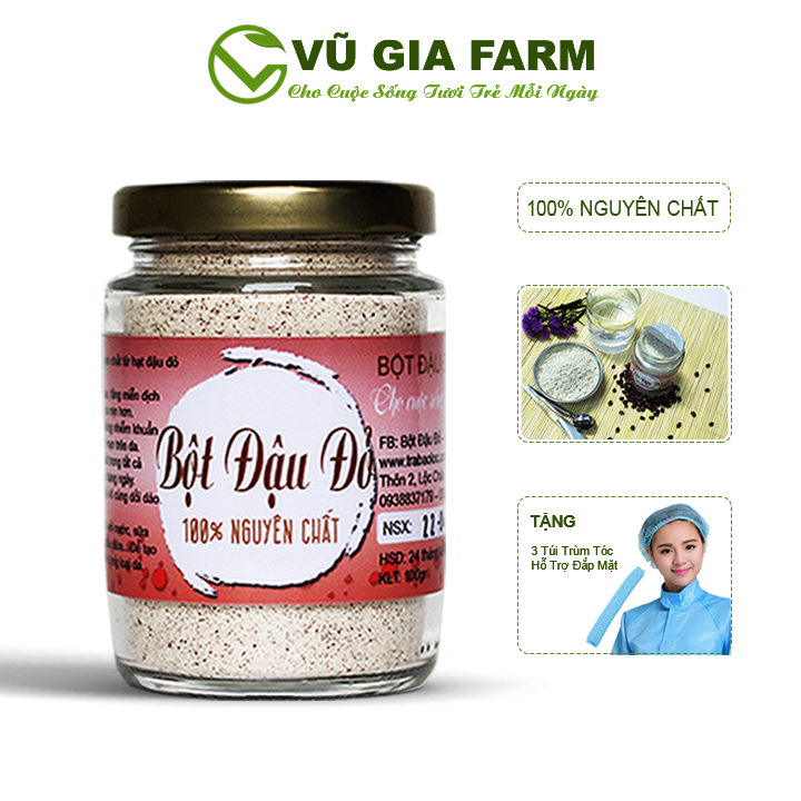 Bột Đậu Đỏ Nguyên Chất Bảo Lộc Vũ Gia (100g/hũ) + Tặng 3 Mũ Trùm Đầu - Đắp mặt nạ dưỡng da, tẩy tế bào chết - Đã được kiểm nghiệm y tế
