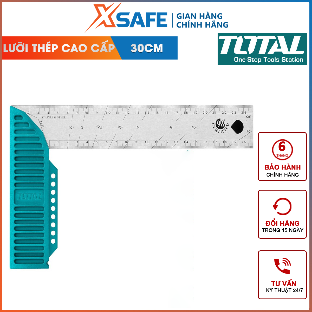 Square protractor total TMT61126 | size eke square length 300mm (12 "), knife Edge width 40mm, blade thickness: 1,5mm, stainless steel blade, để measuring angle square beveled edge measuring inside and outside [XTools] [xsafe]