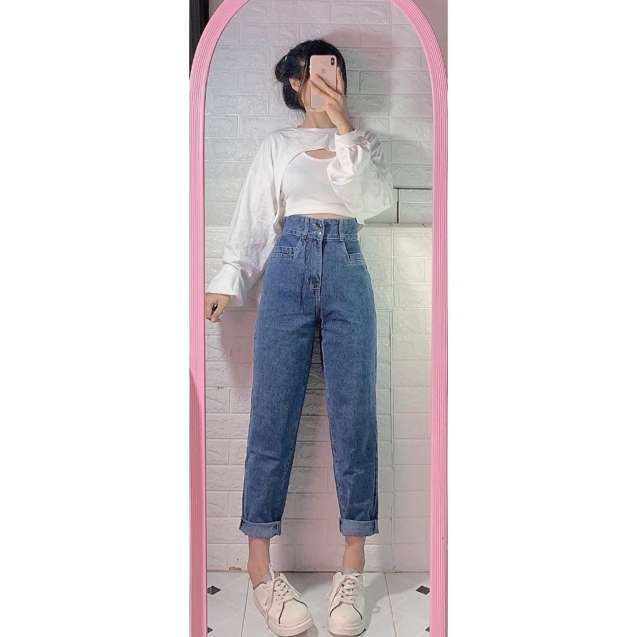 Set baggy jeans 2 nút + set 2 món croptop cutout