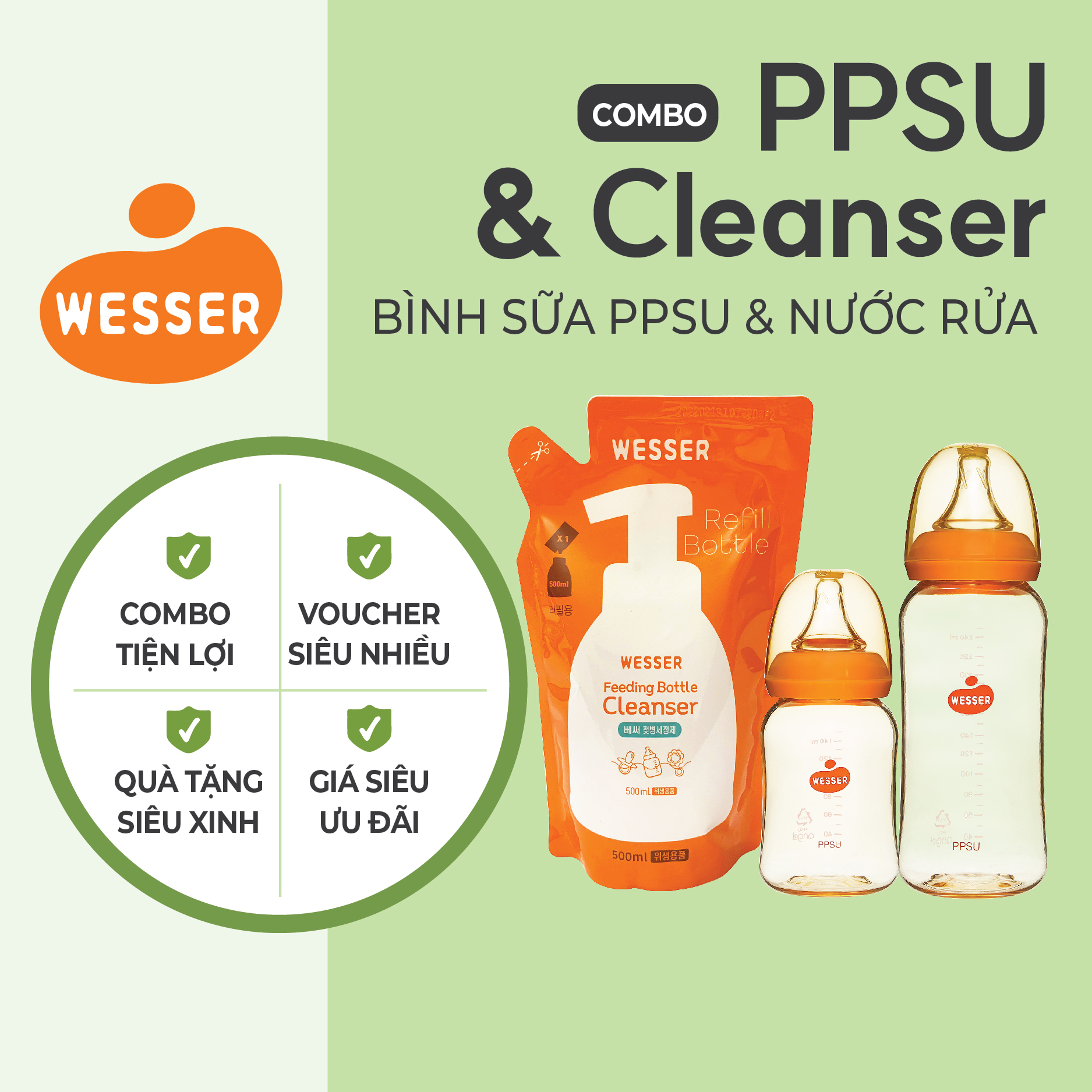 Combo 2 bình sữa Wesser PPSU ( 140ml + 250ml) + 1 Nước rửa bình sữa gói Wesser