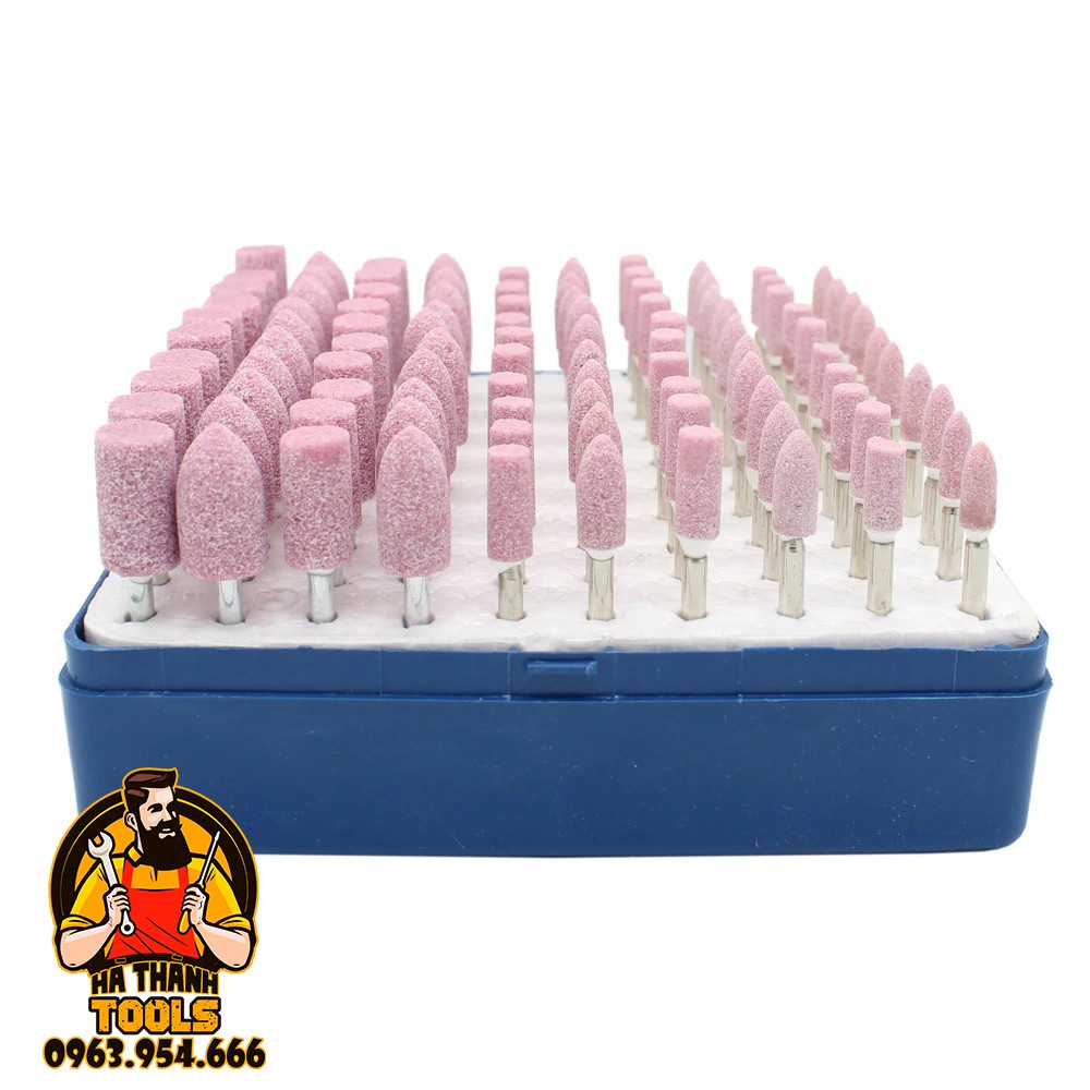 Bộ đá mài khắc, đánh bóng 100 chi tiết trục 3mm - đầu mài hình trụ và nón 4 - 10mm - có hộp đựng như hình