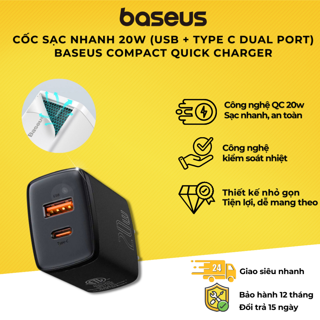Cốc sạc nhanh siêu nhỏ gọn Baseus Compact Quick Charger 20W (USB + Type C Dual Port, 20W PD/QC 3.0 Multi Quick Charge Support)