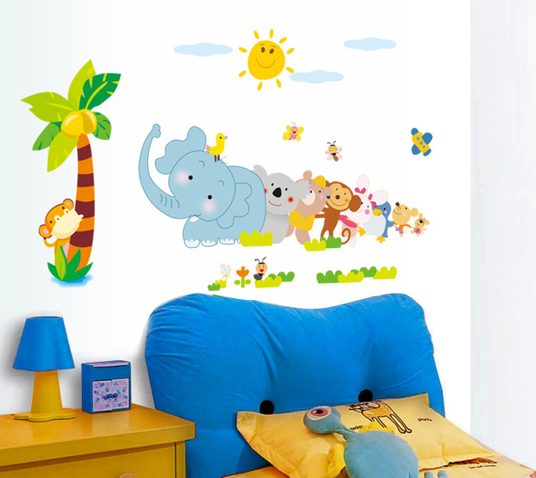 Decal dán tường khỉ con voi con cho bé AY7261-kiddecals Có sẵn keodán trên mọi bề mặt