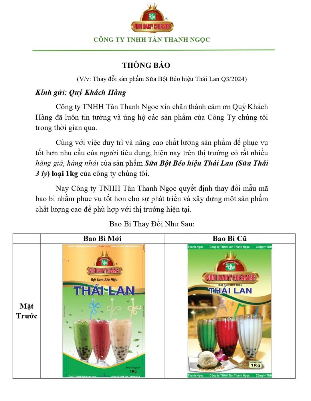 (BAO BÌ MỚI) Bột kem béo Thái Lan 3 ly gói 1kg