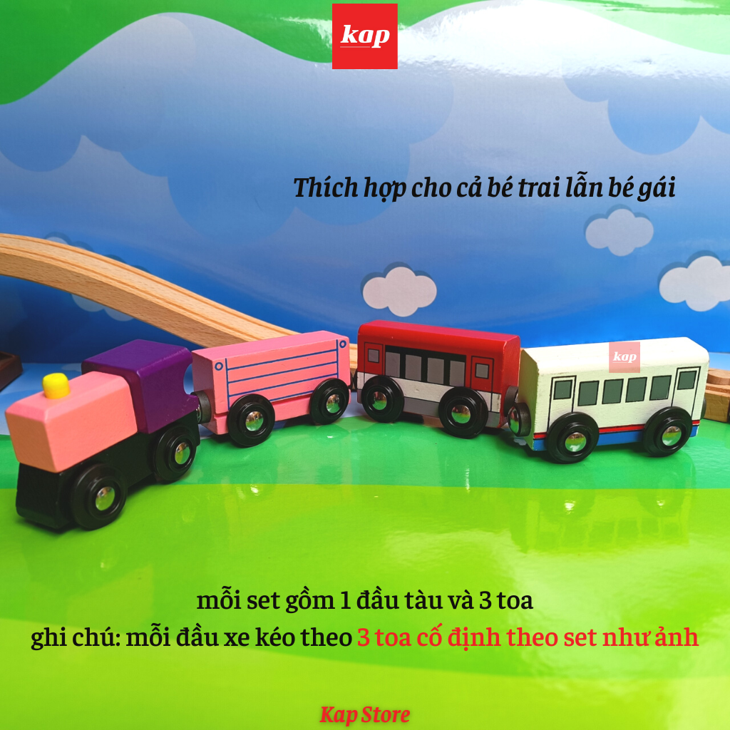 Set 4 toa xe lửa gỗ, phụ kiện đường ray xe lửa gỗ- Set 4 wooden Train