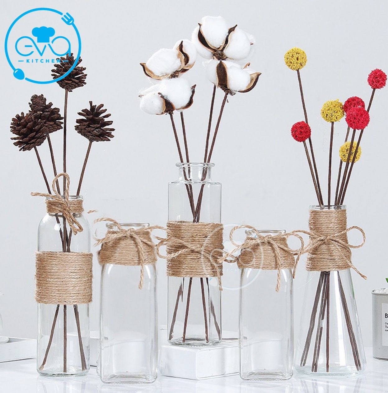 [HCM]Combo 5 Bình Bông Lọ Hoa Thủy Tinh Tròn Vuông Lục Giác Tam Giác Tặng Kèm Dây Bố Trang Trí