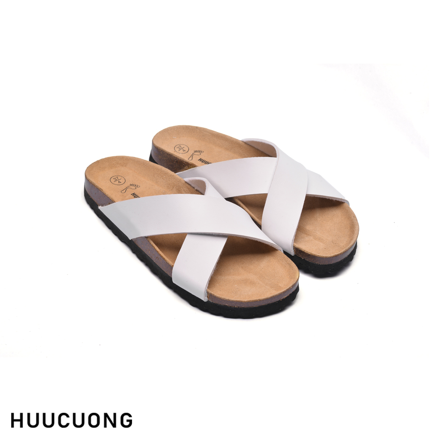 Dép đế trấu unisex quai chéo da pu trắng