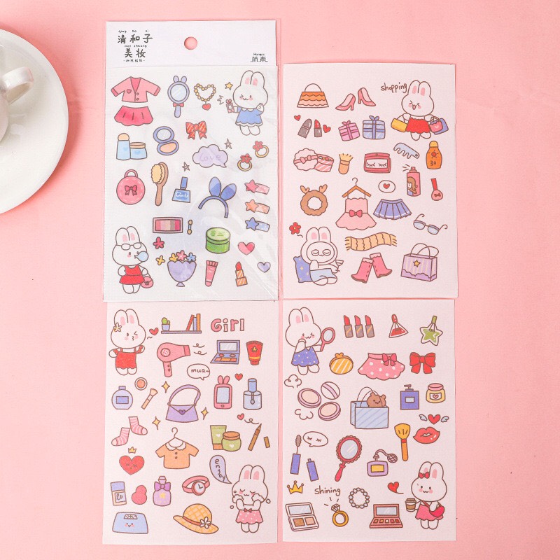 Bộ 4 tấm sticker trang trí cô gái, gấu, thỏ, mèo mẫu chữ nhật