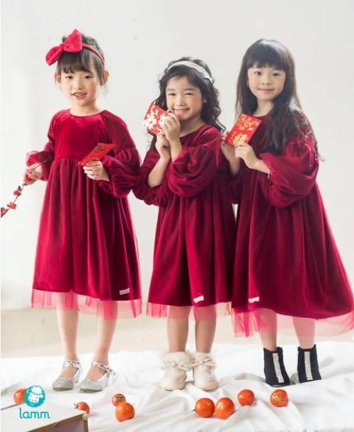 Lamm - Váy bé gái nhung the đỏ phối voan