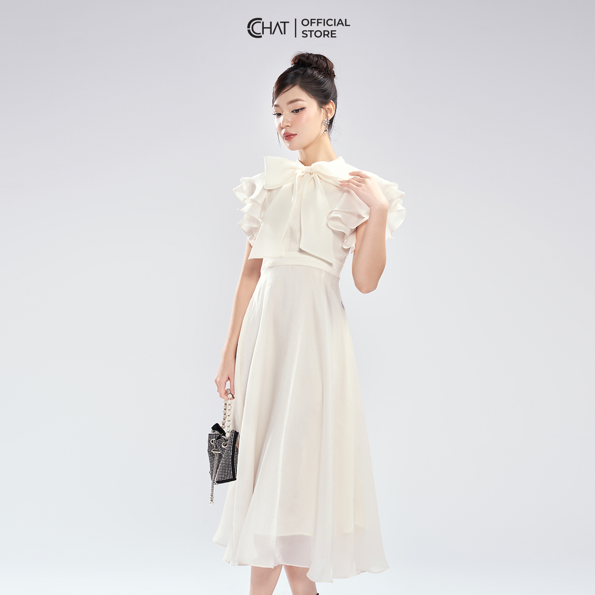 Đầm nữ cchat tay bèo cổ nơ tay bồng chất voan cao cấp 13vnv2028xt