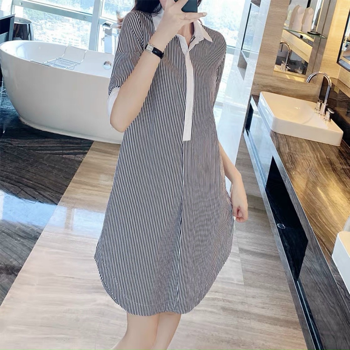 Đầm sơ mi sọc 2 màu