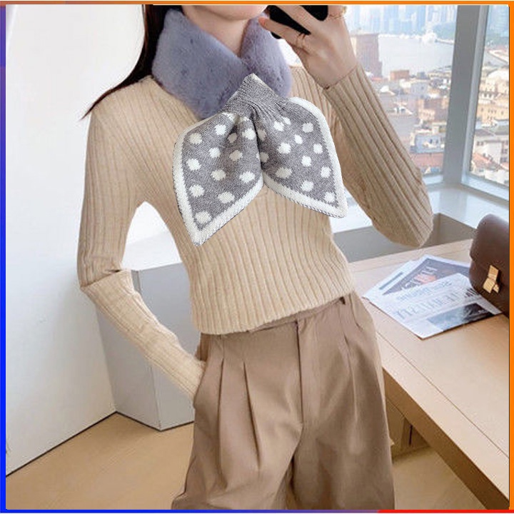 Khăn quàng cổ mùa đông lông mềm hình nơ chấm bi cute FED 02