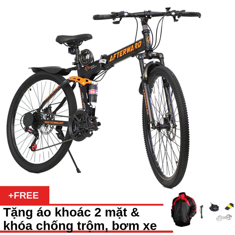 Mua Xe đạp gấp địa hình AfterWard (Đen) + Tặng áo khoác 2 mặt, khóa chống trộm và bơm xe