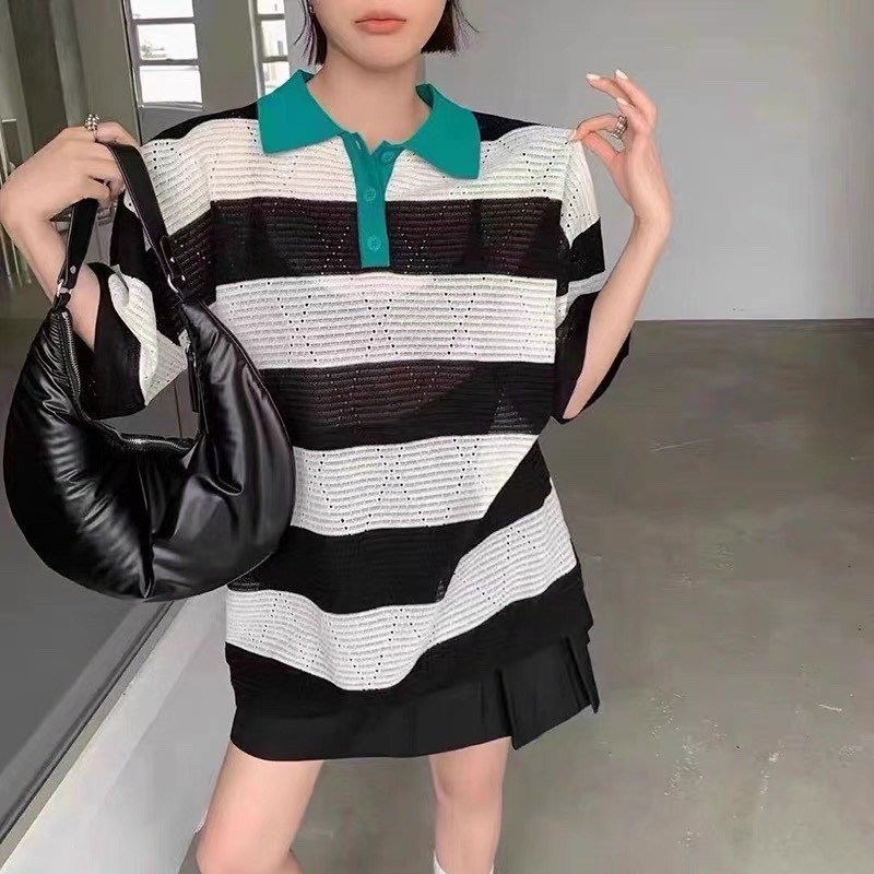 Áo len kẻ ngang vân trám oversize form thụng giấu quần