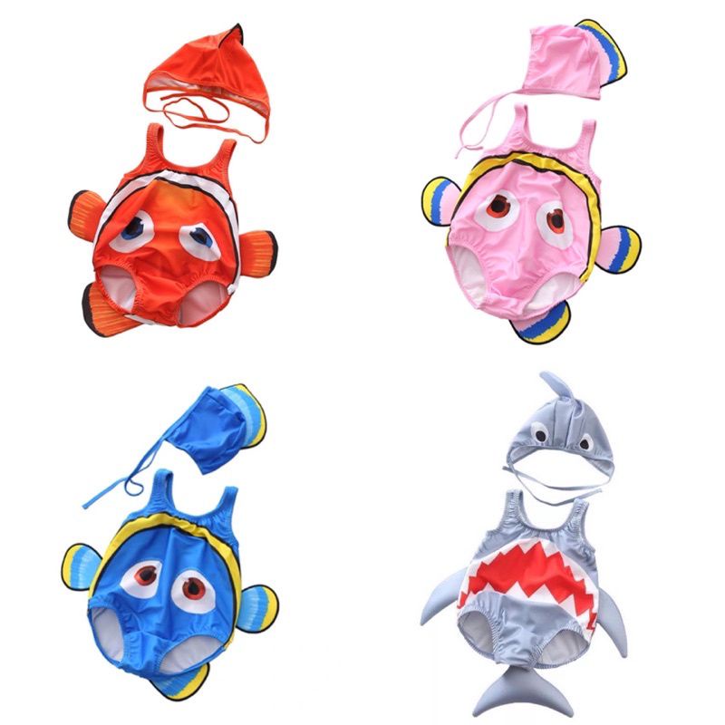 [Hàng Quảng Châu CC] Đồ Bơi Cá Nemo và Cá Mập kèm nón cho bé