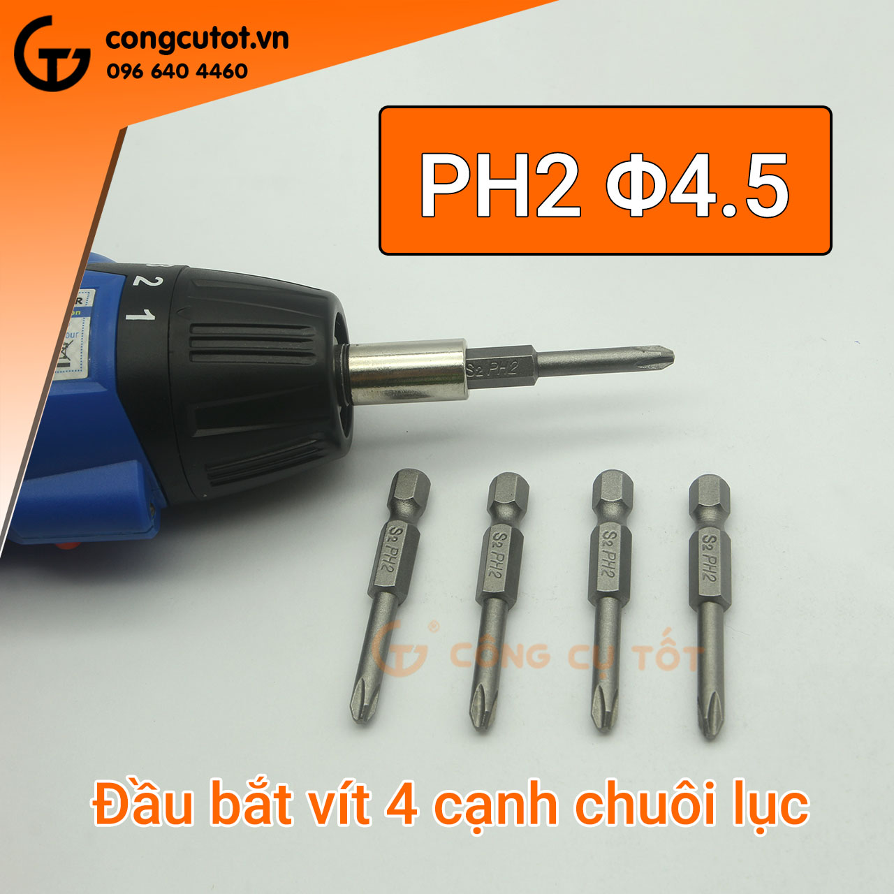 Đầu bắt vít 4 cạnh PH2 chuôi lục dài 50mm, 65mm, 75mm