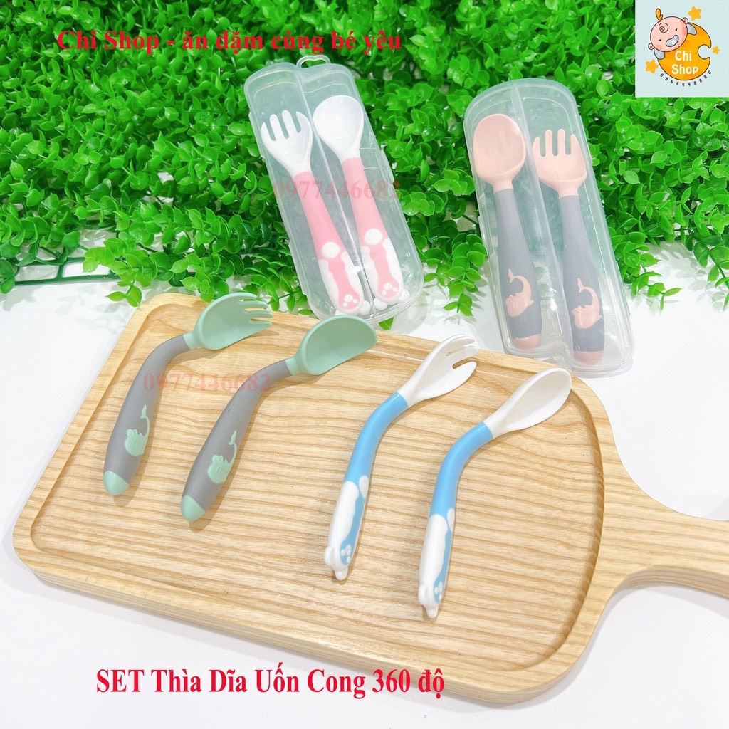 Sét Thìa Dĩa Ăn Dặm Bẻ Cong Tập Xúc Cho Bé (Kèm Hộp)