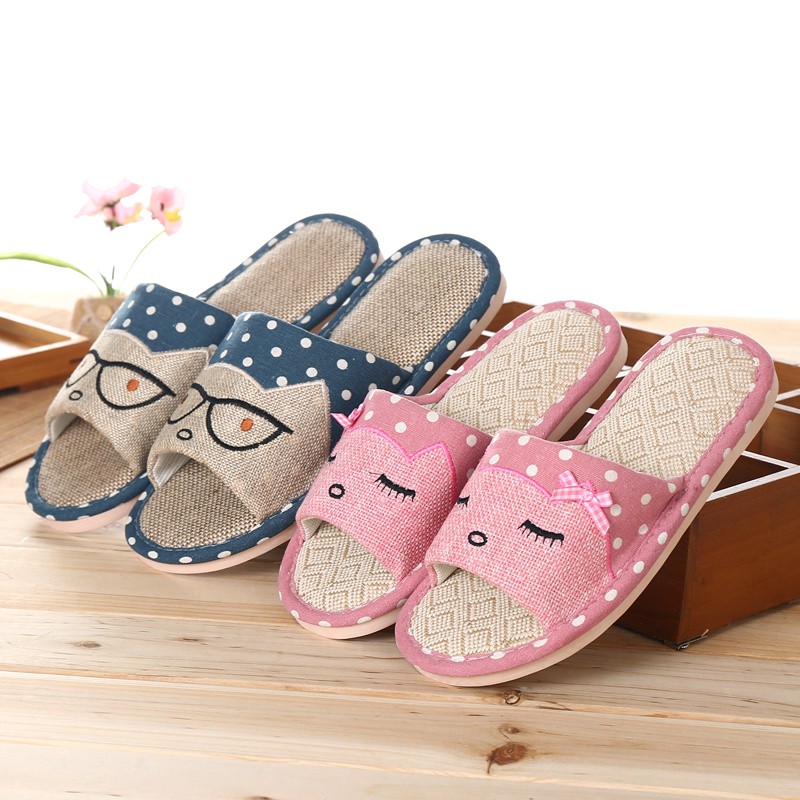 Sandals linen burlap canvas cat pattern polka dots, cloth slippers shape animal Home Office anti-rot foot, anti-crack heel