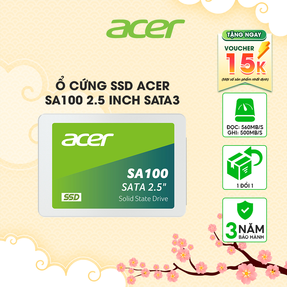 [Tặng Voucher 60K] Ổ cứng SSD Laptop|PC Acer SA100 SATA 3 2.5inch tốc độ tối đa560MB/s - Bộ nhớ flash 3D NAND -  120GB| 240GB | 480GB | 960GB - Hàng chính hãng bảo hành 3 năm