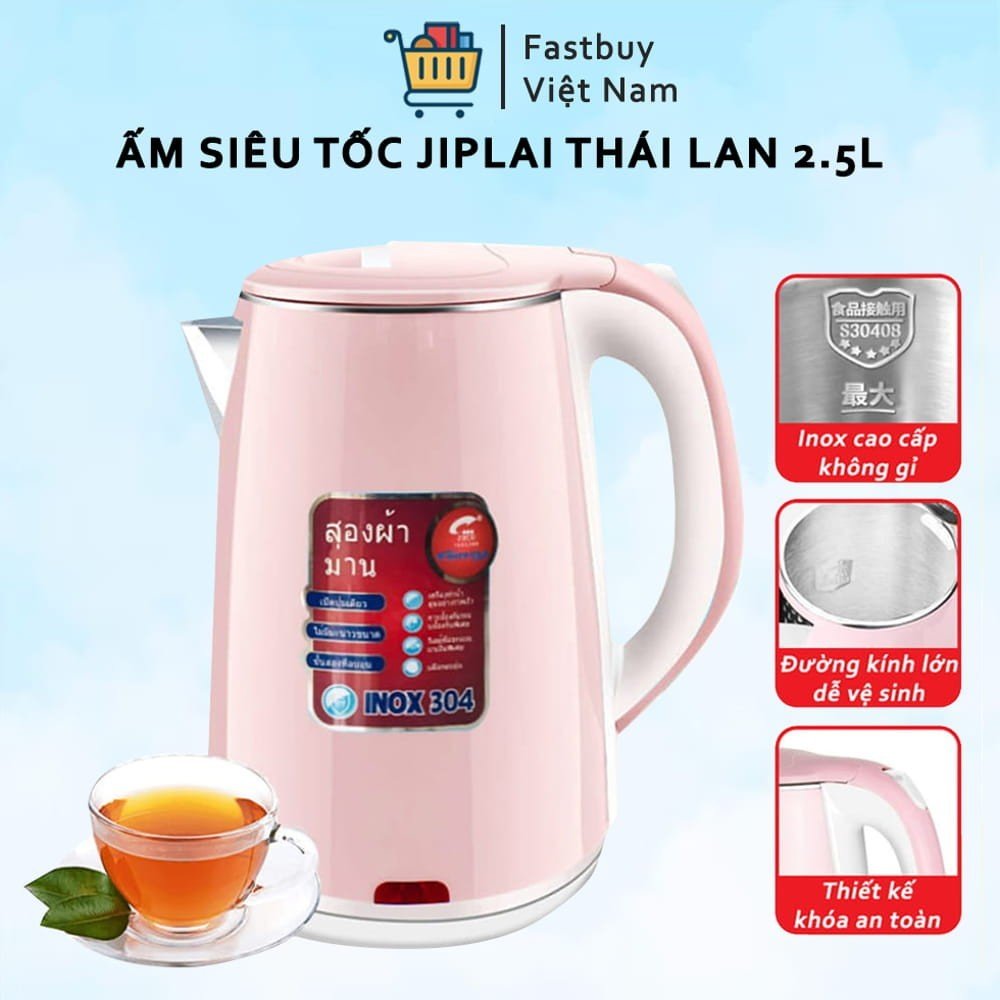 Ấm Siêu Tốc 2 Lớp JipLai Thái Lan 2.5L, Thiết Kế Thông Minh Tự Ngắt Khi Sôi Điện Áp An Toàn
