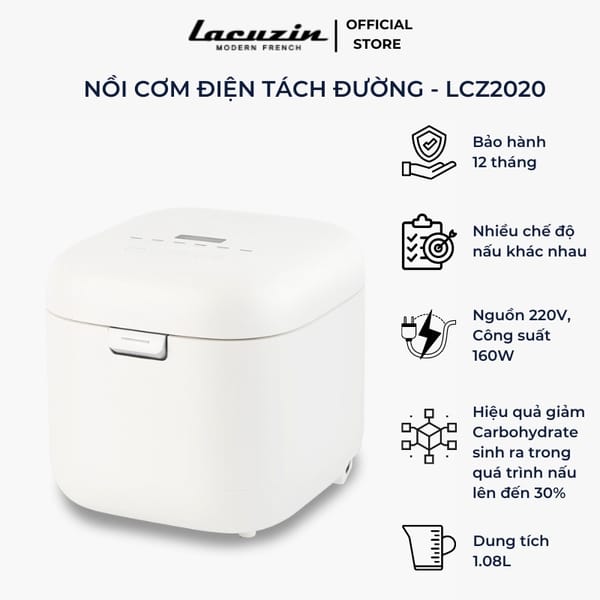 Nồi cơm điện tách đường lacuzin, dung tích 2l, giúp giảm đường, phù hợp cho người ăn kiêng, tiểu đường, huyết áp, nhập hàn, bh 12 tháng