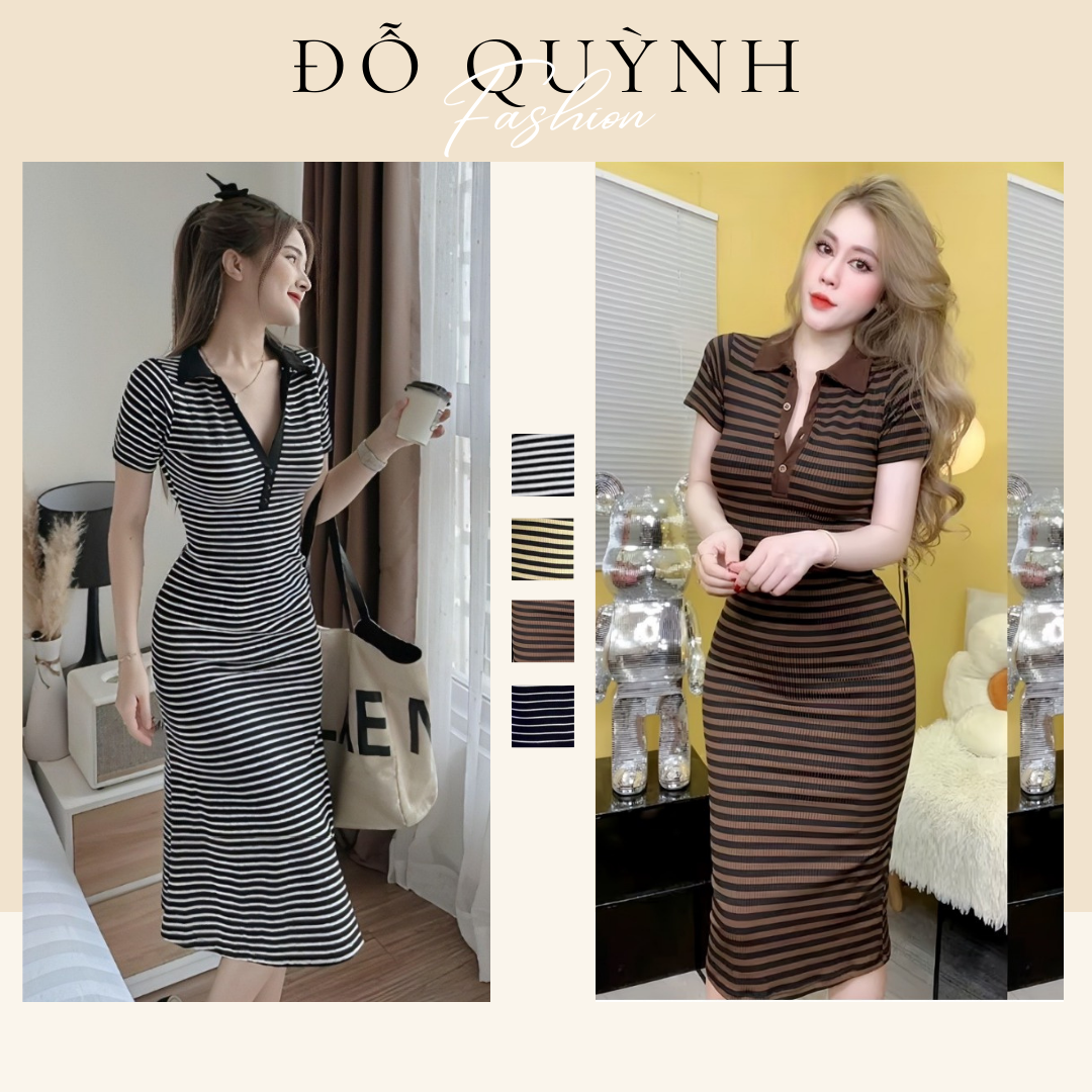 Đầm Thun Gân Sọc , Dáng ôm ,Cổ Sơ MI / thun gân co giãn.