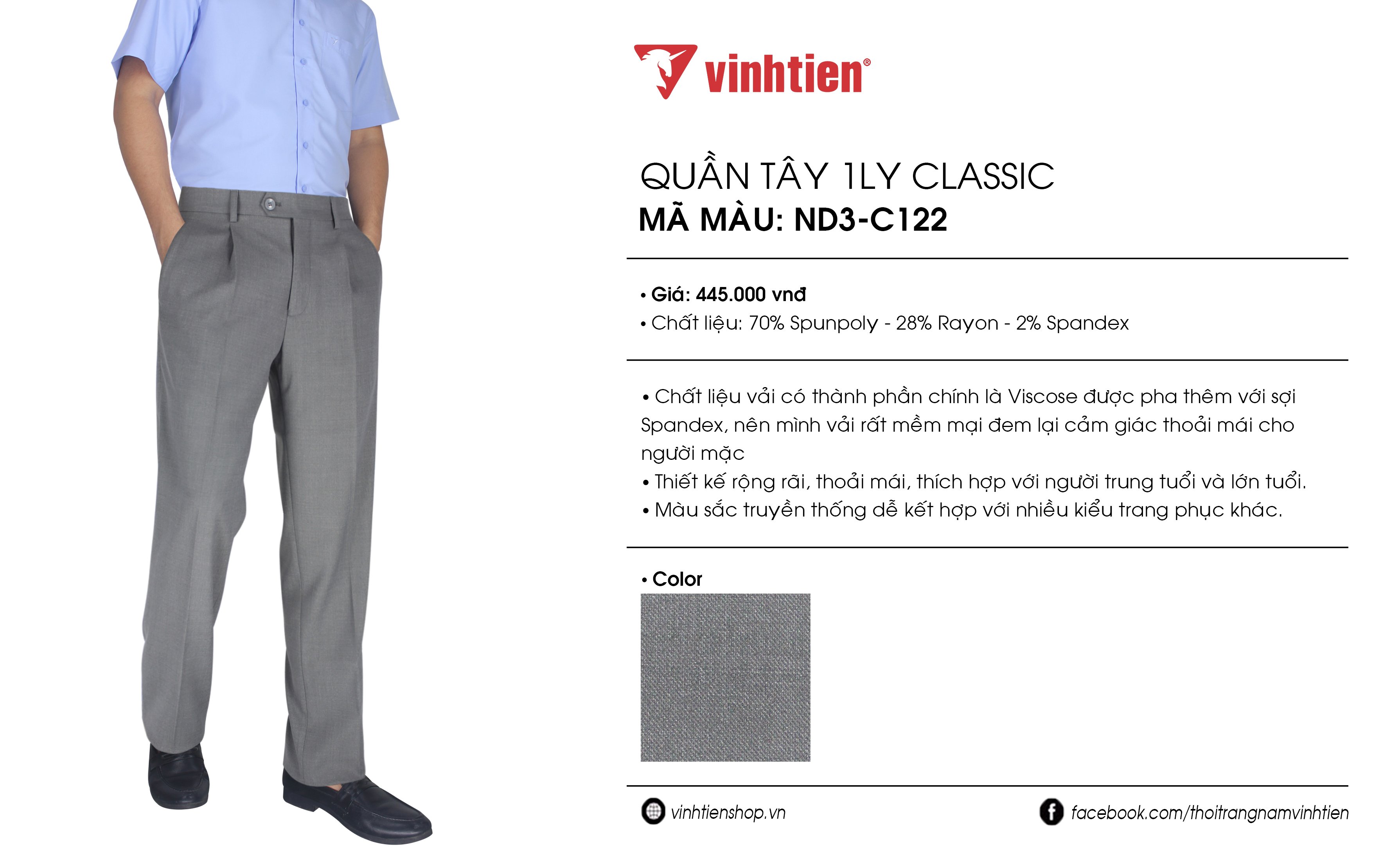 [SALE ] Quần Tây Nam 1ly Vĩnh Tiến Dáng Suông Trung Niên Cao Cấp Xám