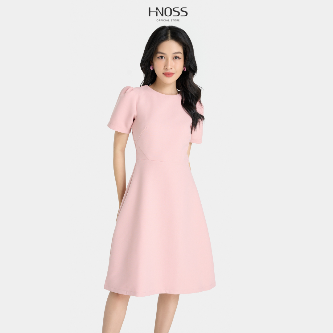 Đầm Lửng Nữ Thời Trang HNOSS Kiểu Basic Tay Ngắn HNDLU030