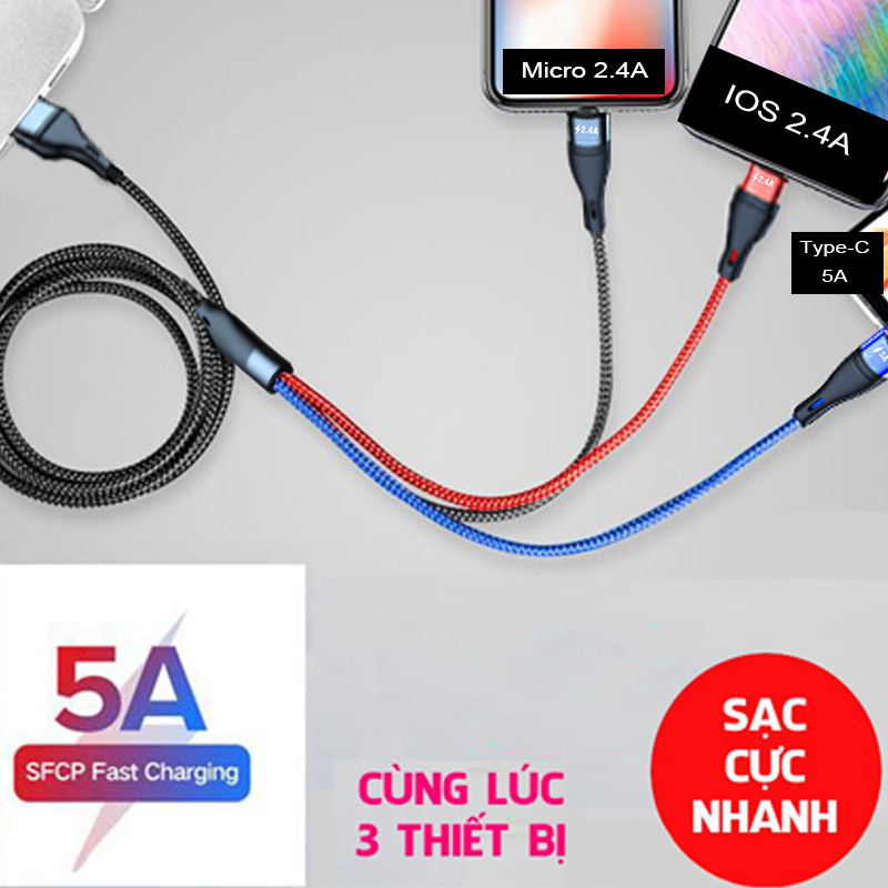 Cáp sạc đa năng, Cáp sạc đa năng 5A Cáp sạc 3 trong 1 Cáp sạc đa USB Cáp sạc nhanh với cổng Type-C, Micro USB và cổng IP, tương thích với hầu hết điện thoại và iPad